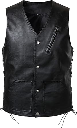 FANARCHER Faux Leather Mens Motorcycle Vest Club Style Rider Snap Button cool Jacket with Zipper
