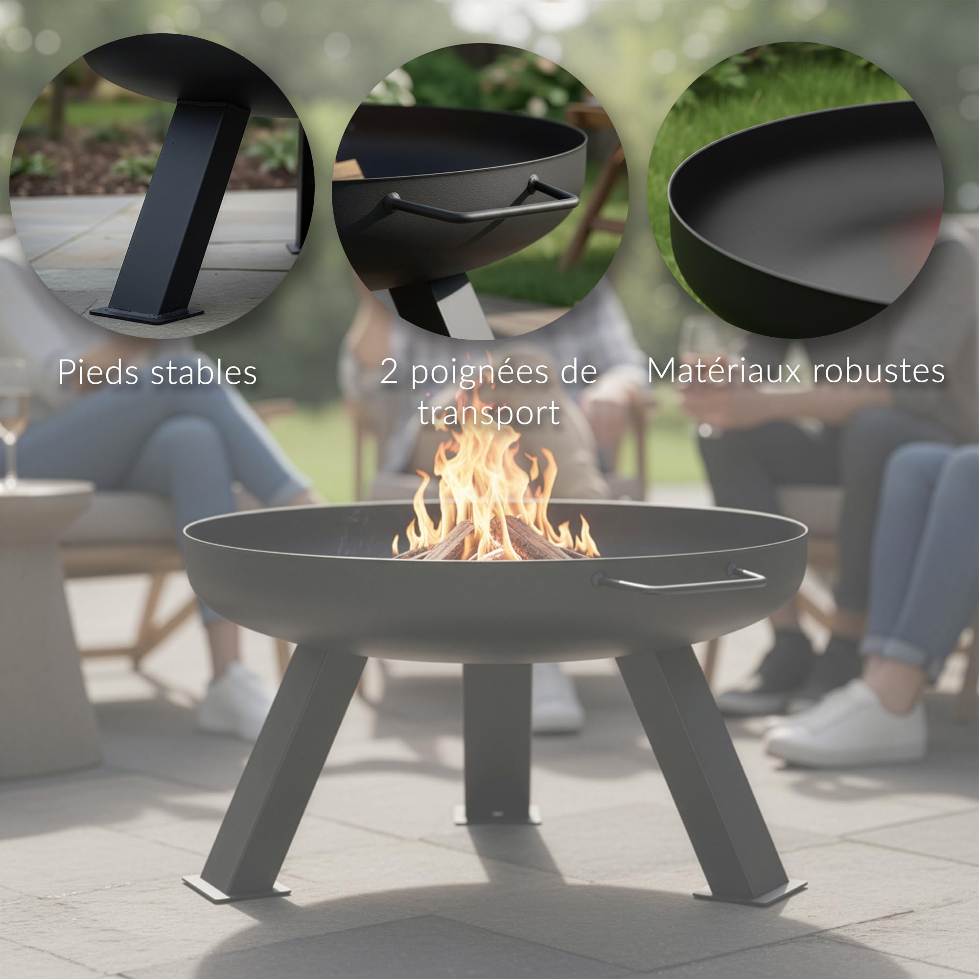 LEHMANN Brasero extérieur Ø 60 cm - 3 Pieds Stables, 2 Poignées de Transport et Évacuation d’Eau - Robuste Brasero pour Feu de Camp en Acier - pour Jardin, Terrasse et Camping - Noir