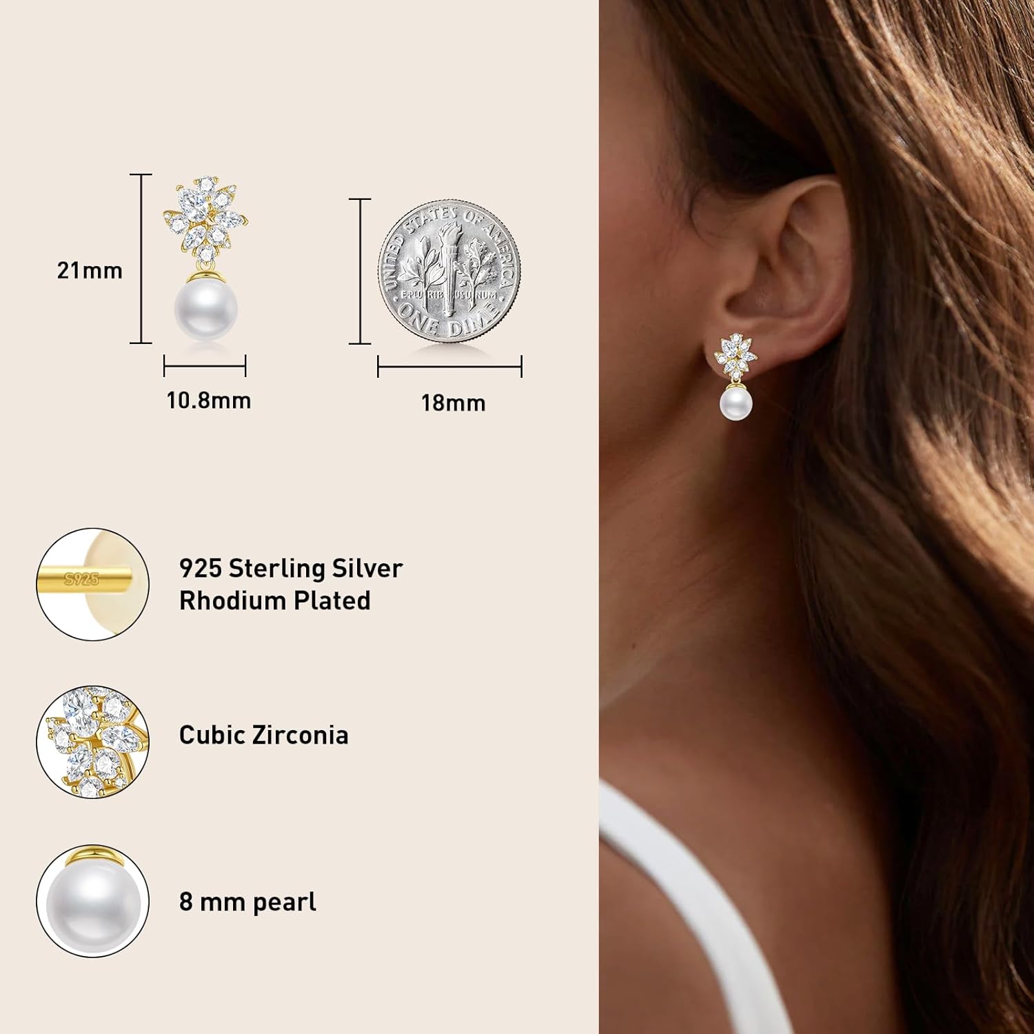 S925 Silver Pearl Dangle Drop Earrings Stud Earrings for Brides, 14K Gold Plated Bridal Jewelry with 5A Cubic Zirconia for Wedding Hypoallergenic - Image 4