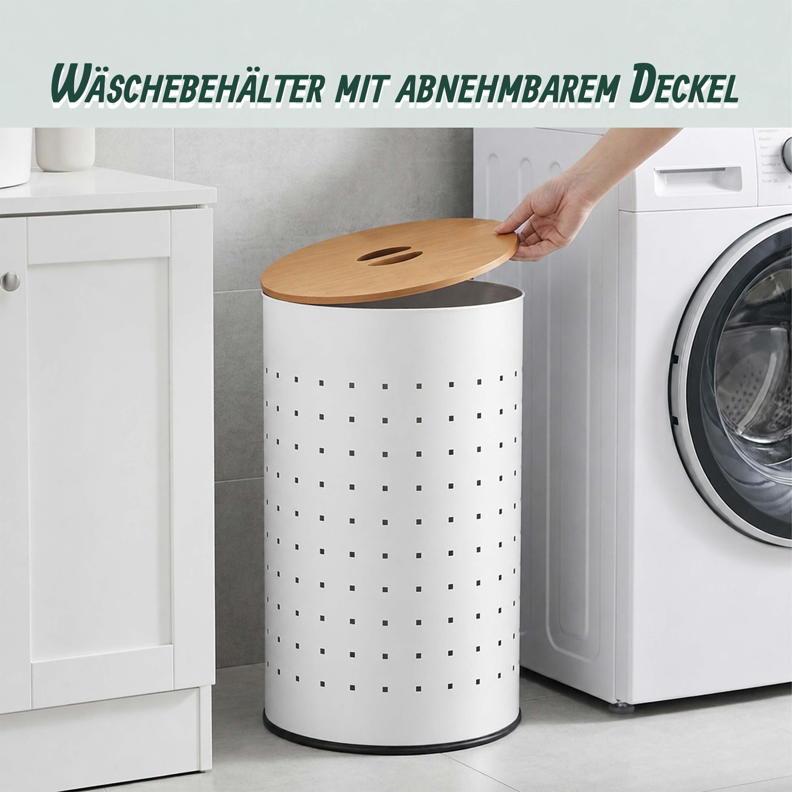 Relaxdays, Wäschekorb mit Deckel, Metall, 50 l, HxD: 57 x 35 cm, weiß/natur | Wäschesammler mit Löchern, Wäschebehälter