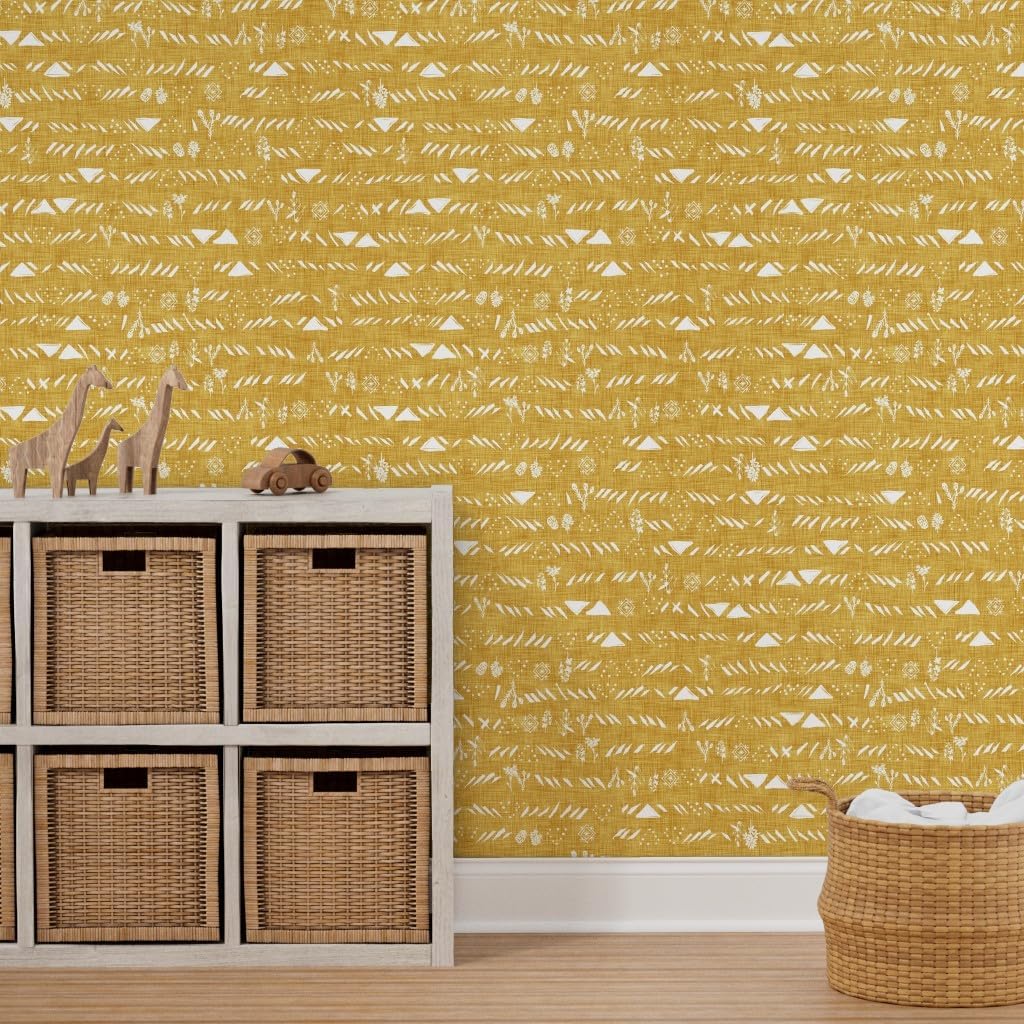 Peel & Stick Wallpaper 9ft x 2ft - Mustard Yellow Geometric Abstract Triangle Boho Custom Removable Wallpaper by Spoonflower