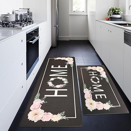 Tapetes de cocina negros para piso, 2 piezas, diseño floral, antifatiga, para el suelo de la cocina, tapetes acolchados antifatiga impermeables para