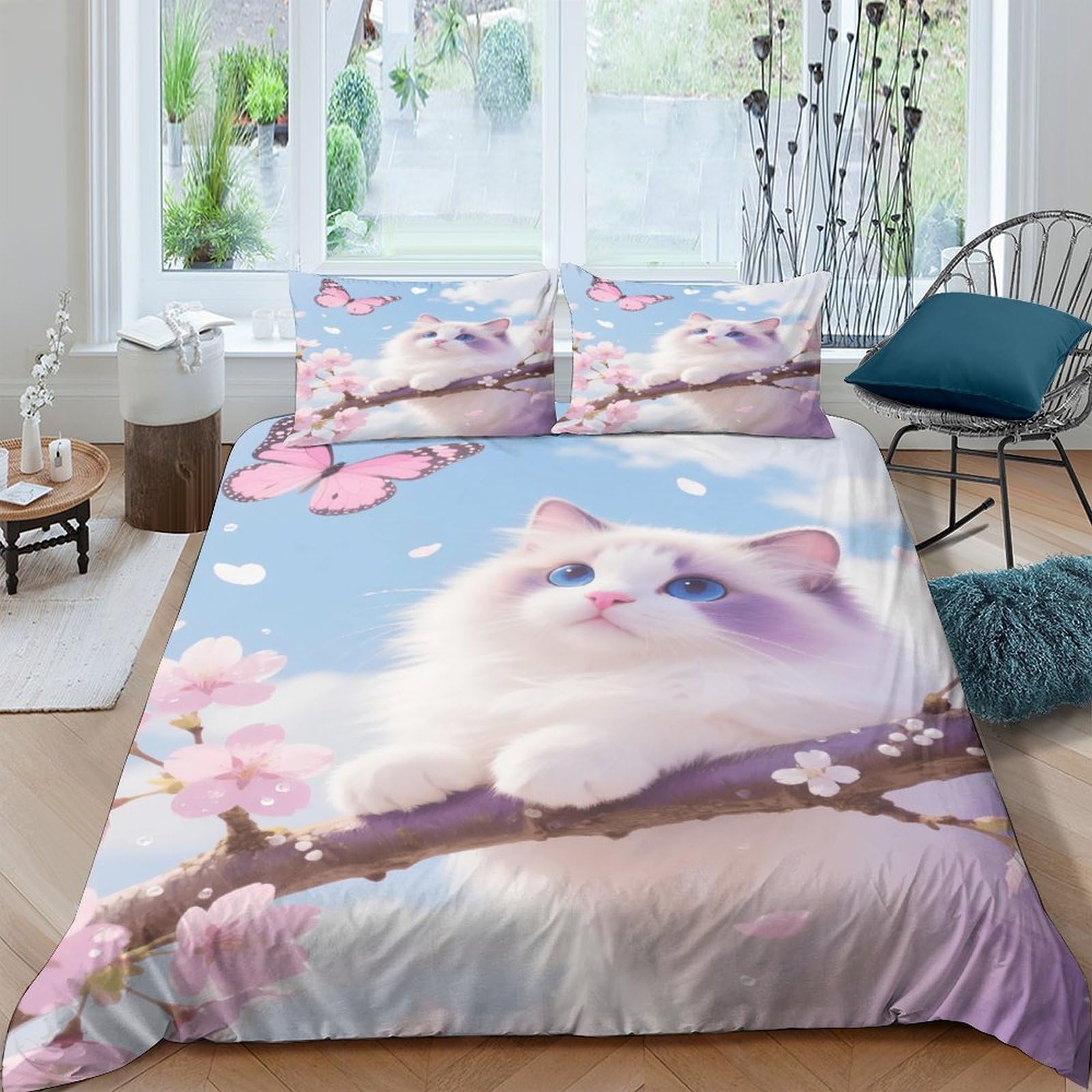 EMYXPAQM Ragdoll Cat Duvet Cover Set 3D Pink Cherry Blossom Design Bedding Sets Ultra Soft Microfiber Duvet Cover with Zipper & Pillow Cases for Kids Boys Teens Double（200x200cm）