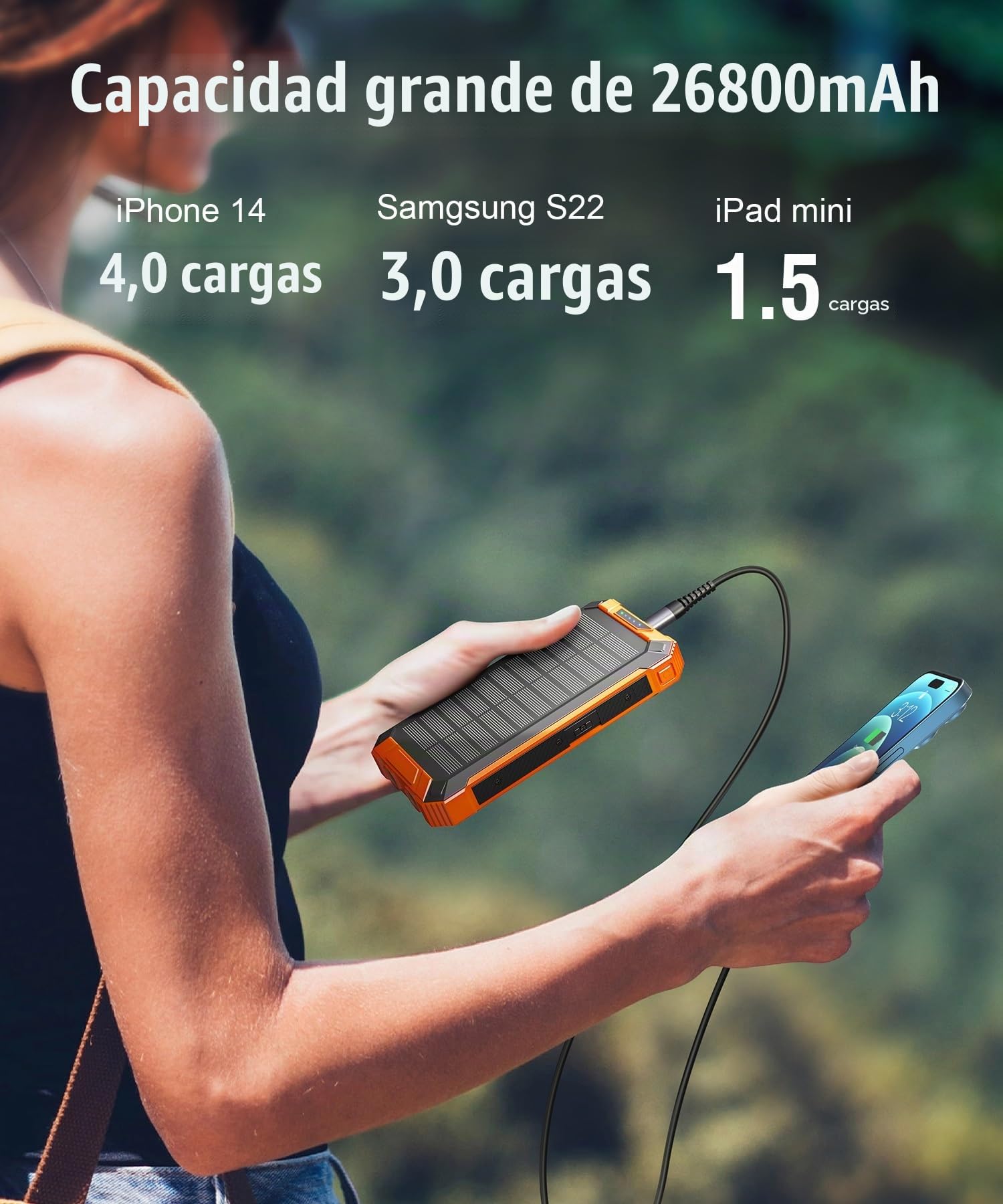 Power Bank Solar 26800mAh con 4 Cables, Inalámbrico USB-C 15W Carga Rápida | Batería Externa Cargador Solar 6 Salidas 3 Entradas para Teléfono, Cargador Solar con Linterna, Mosquetón