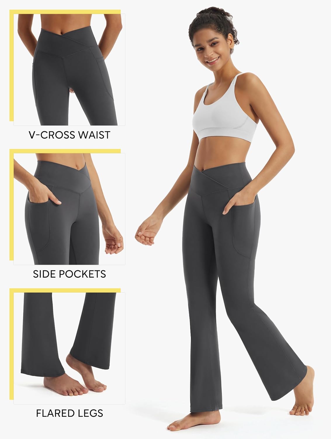 Maxbee Flare Yoga Pants with Pockets for Women, V Crossover Flare Leggings Tummy Control, High Waist Bootcut Yoga Leggings