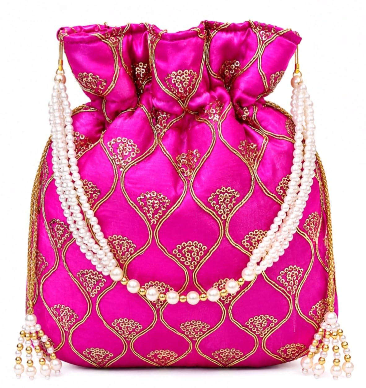 mahvarya Ethnic Women’s Magenta Silk Potli Bag with Pearl Handle, Golden Latkan & Sequin Embroidery – Ideal for Weddings, Festive Functions & Parties-picture-48