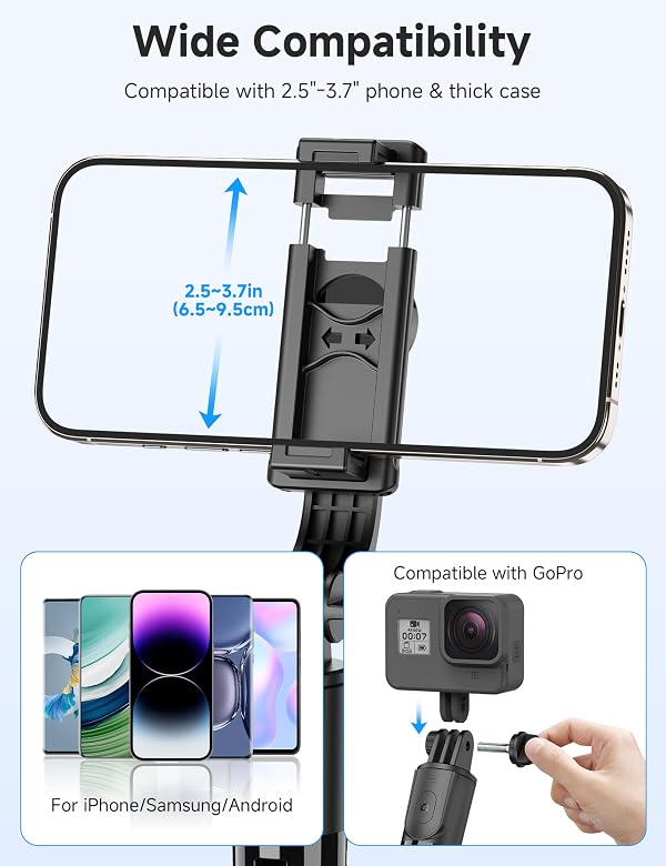 Portable Selfie Stick, 4 in 1 Extendable Phone Tripod Stand with Detachable Wireless Remote & Phone Holder 360° Rotating Mini Travel Tripod Compatible with iPhone 16/15/14/13 Pro/Android/Gopro by SelfieShow - Used condition - Image 5