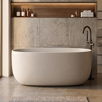 47" Stone Resin Freestanding Soaking Bathtub Solid Surface Oval Tub for Small Bathroom, Modern Stand Alone Deep Soaking Tub with Slotted Overflow and Drain, Beige