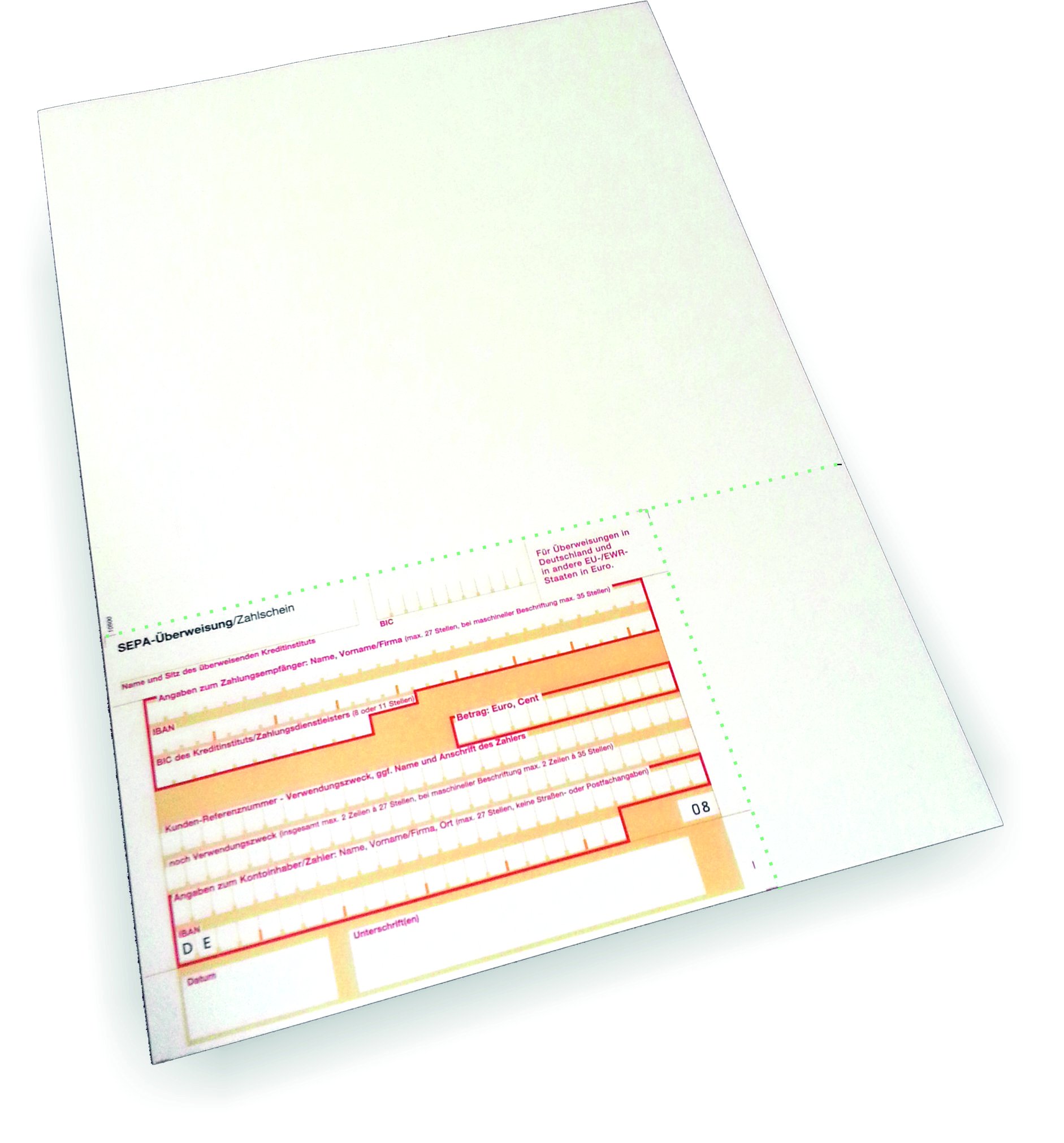 Überweisungsträger SEPA - Stand unten links, 1.000 Blatt, DIN A4, 90 g/qm OCR-Beleglesepapier