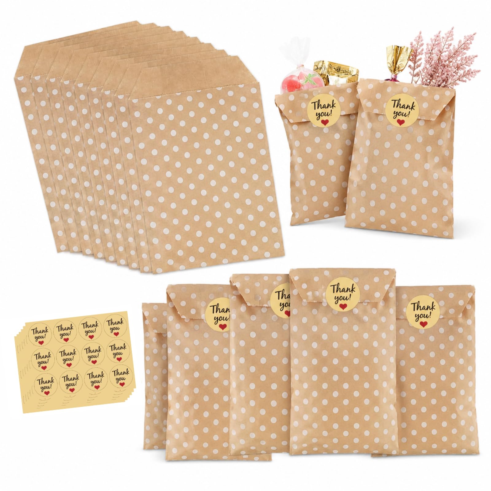 100 Pcs Polka Dot Kraft Paper Gift Bags with Thank You Stickers, Mini Treat Bags for Wedding Birthday Party Favors Candy Cookies Bakery Packaging