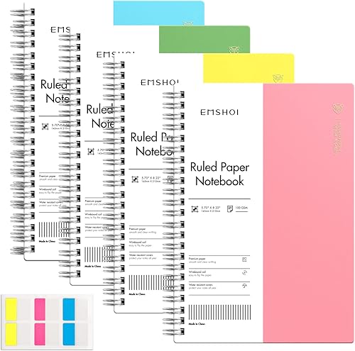 Miniatura 8 de EMSHOI Cuaderno de espiral con rayas universitarias, paquete de 4 cuadernos pequeños A5 de 5.7 x 8.22 pulgadas para trabajo, 640 páginas de 3.53 ozm