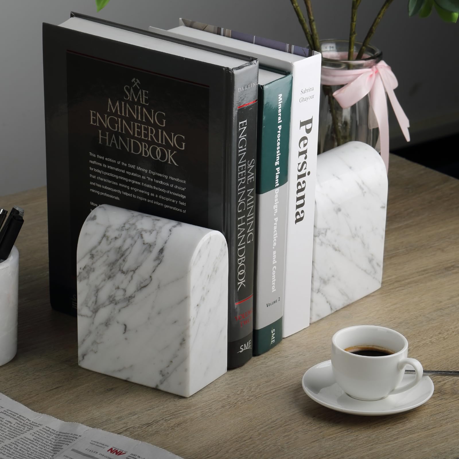 Koville Fermalibri in marmo italiano naturale per scaffali, fermalibri per libri pesanti, 5,9 kg, ultra resistente, fermalibri ad arco trionfale, decorazione per libreria da ufficio per CD/videogiochi