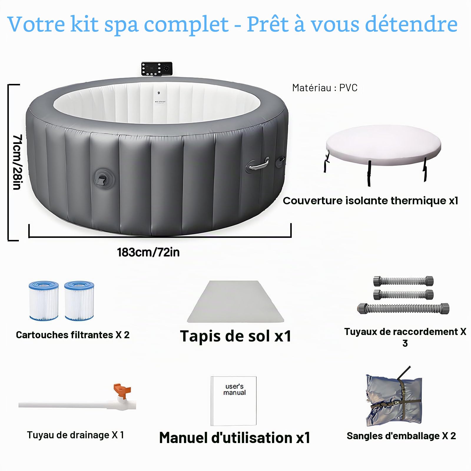 Spa Gonflable, Spa d‘Extérieur pour 2 à 6 Personnes, Bain à Remous Portable avec 180 Jets de Bulles Apaisants, Couverture et 2 Filtres Inclus, pour Piscine Spa d‘Intérieur et d‘Extérieur S