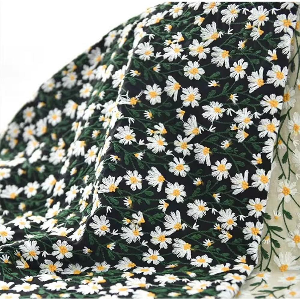 Primst 3D Daisy Embroidery Cotton Linen Fabric by The Yard for Sewing DIY Clothes Dress Tablecloth Bag Cushion (Black,47.2" x 39.4")