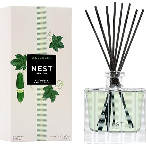 NEST New York Reed Diffuser, Cucumber & White Sage - The Wellness Collection - 5.9 fl oz - Fragrance for Up to 90 Days - Reusable, Refillable Glass Holder - Includes 8 All-Natural Reed Sticks