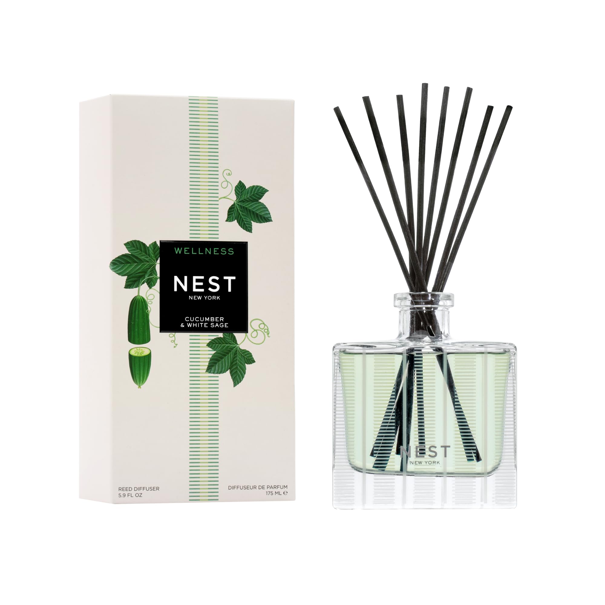 NEST New York Reed Diffuser, Cucumber & White Sage - 5.9 fl oz - Fragrance for Up to 90 Days - Reusable, Refillable Glass Holder - Includes 8 All-Natural Reed Sticks - Flame Free