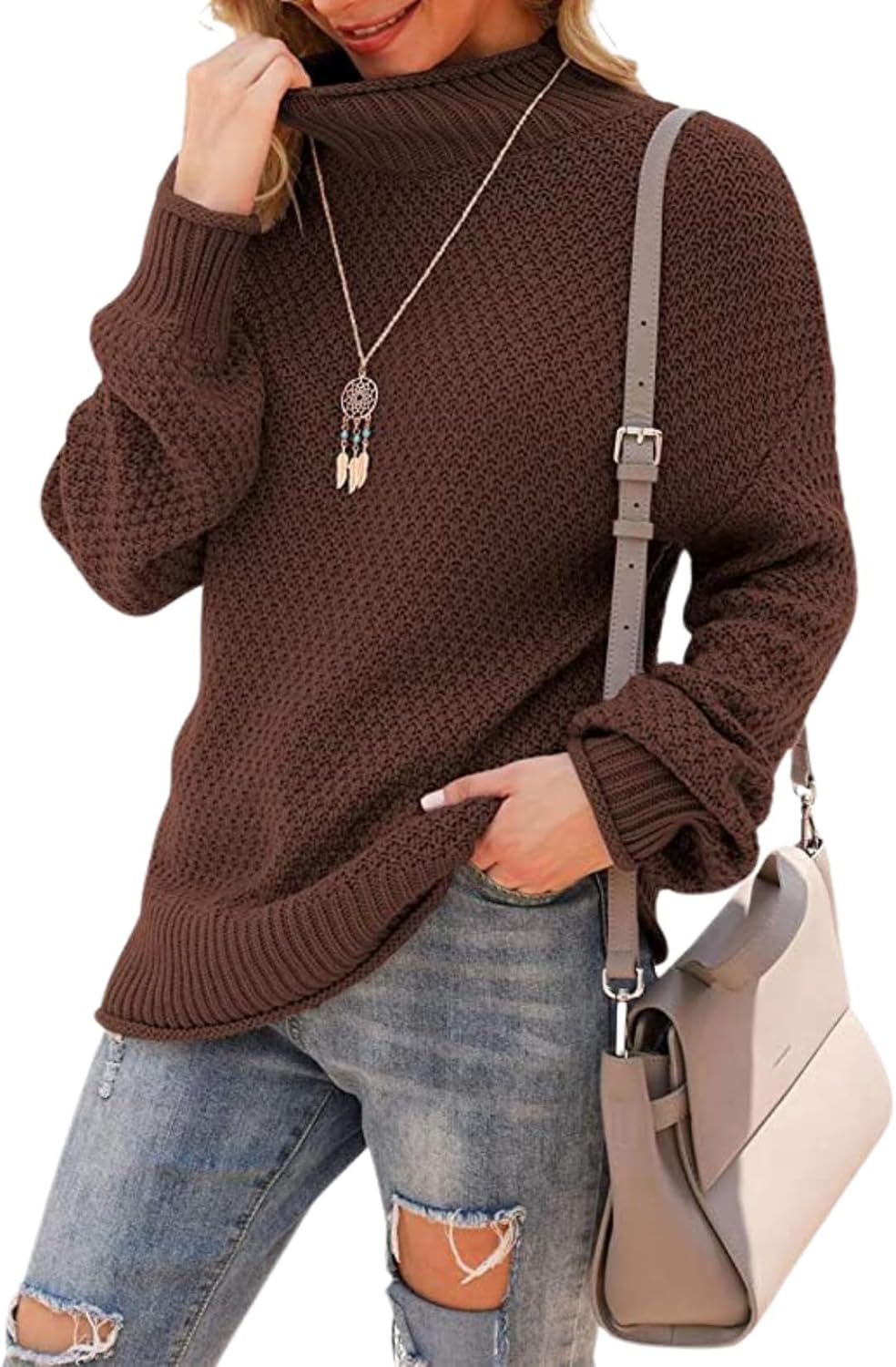 Women's Oversized Turtleneck Pullover Batwing Sleeve Casual Sweater Long Sleeve War...