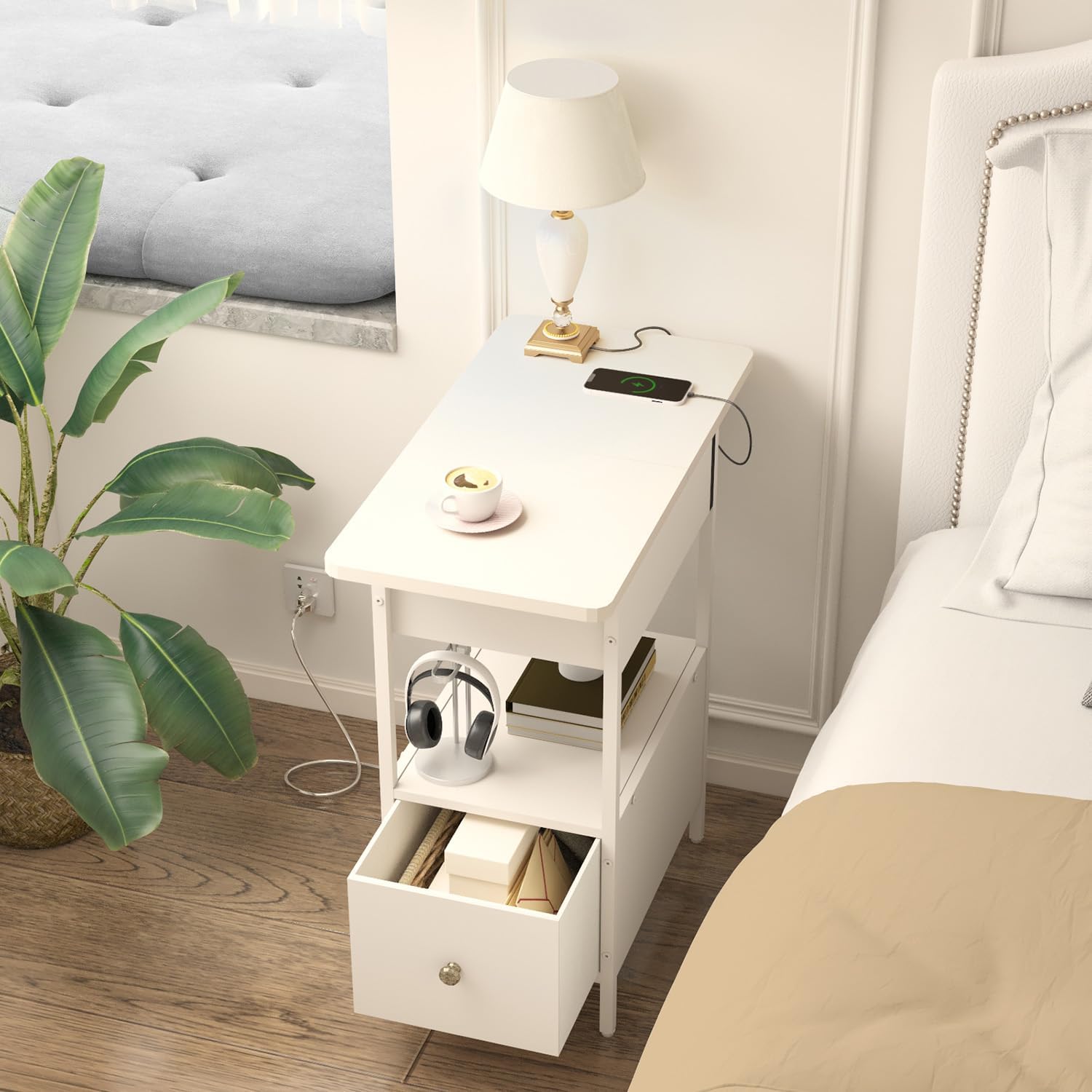 SOOWERY End Table with Charging Station, Narrow Side Table with Flip Top Cabinet and Fabric Drawer, Nightstand Bedside Tables for Small Spaces, Bedroom, Living Room, White
