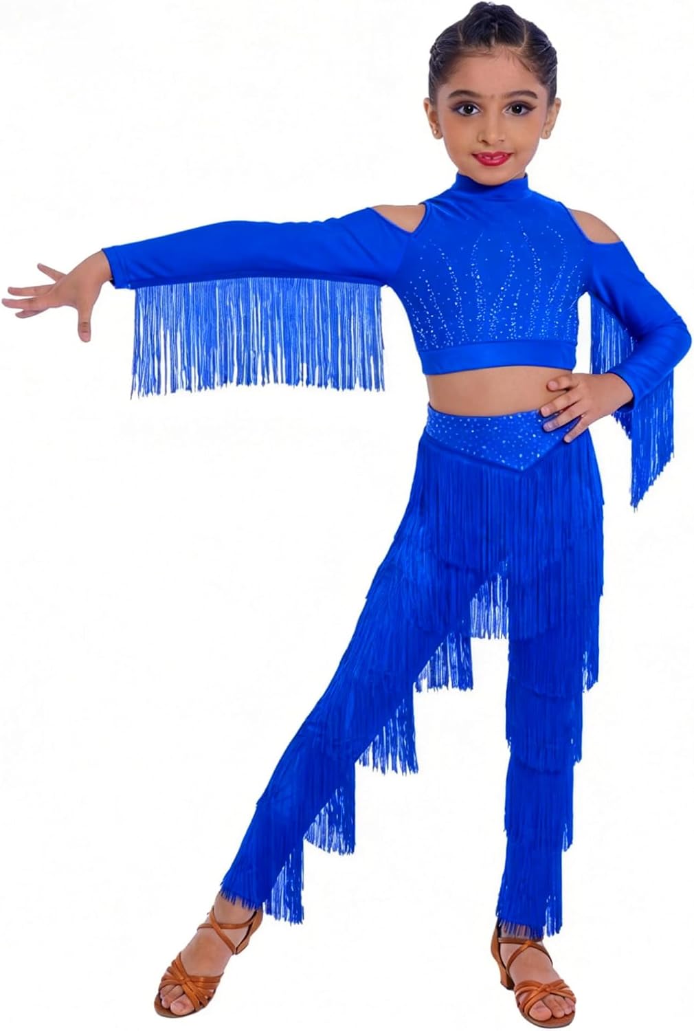 FEESHOW Kids Girls Tiered Tassels Latin Dance Outfits Sparkly Rhinestones Cha Cha Dancewear Cold Shoulder Top with Pants Set