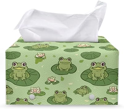 Cute Frog Tissue Box Cover Rectangular Lotus Leaf Tissues Boxes Cover with Metal Buckle Design Rectangular Tissue Box Cover Portable Leather Boxes