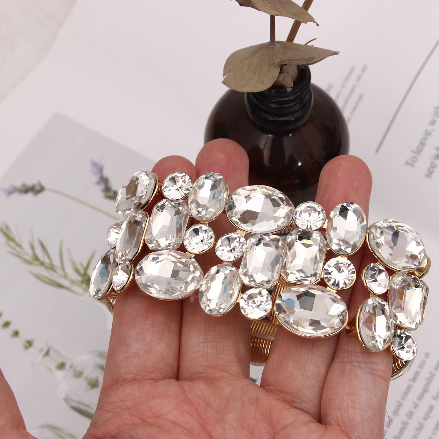 Women’s Wedding Bridal Crystal Leaf Flower Stretch Bangle Elastic Wide Bracelet Jewelry for Brides Bridesmaid - Image 4