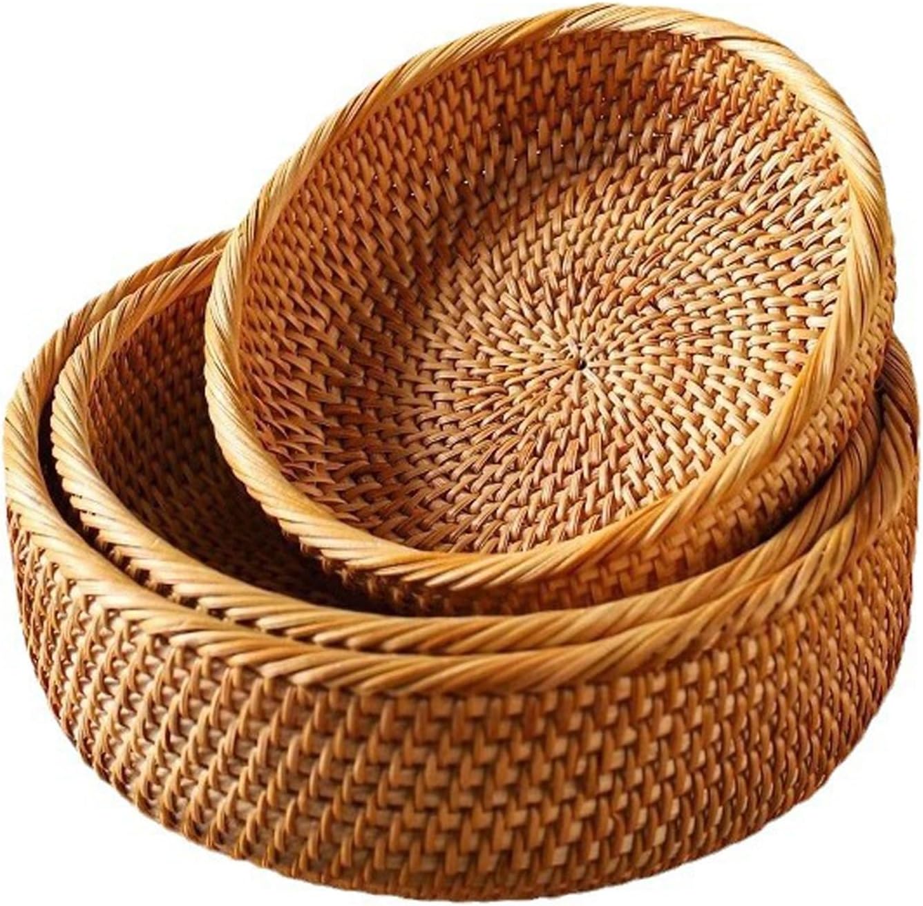 3 Packs Round Woven Tray Natural Hand Vine Woven Fruit Tray Storage Basket Tray for Decor Home Kitchen (High)
