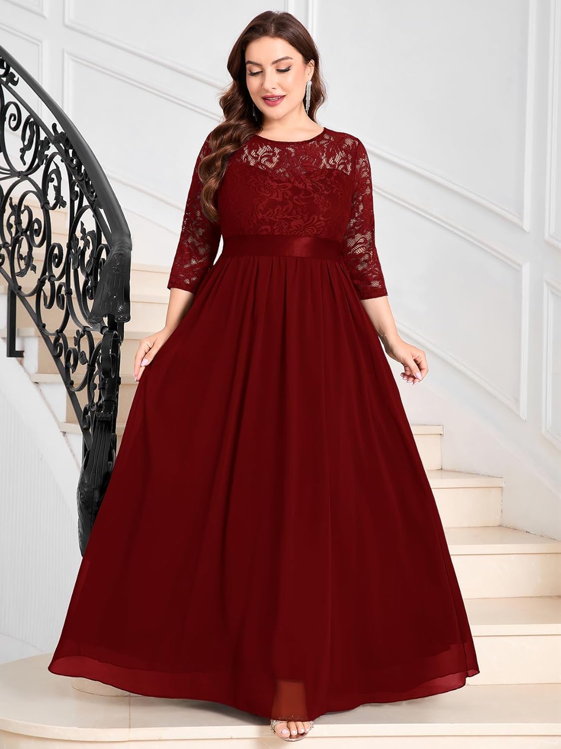 CYCLAMEN Plus Size Formal Lace Chiffon Dress Elegant 3/4 Sleeves Maxi Evening Gown Wedding Bridesmaid Party Dresses - Image 3