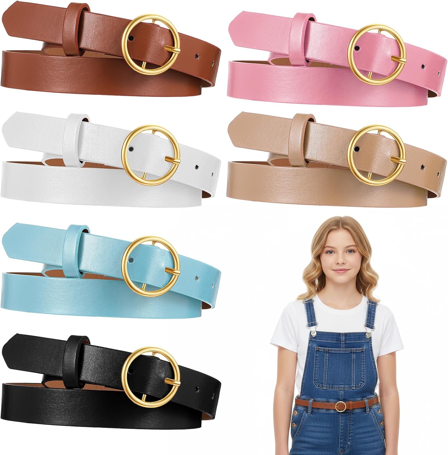 6 PCS Girls Belts Size 10-12 Kids Leather Belt Colorful Long Belts for Waists 26"-30" Women Girls, O Ring Buckle Casual Leather Belt for Dresses Pants Jeans