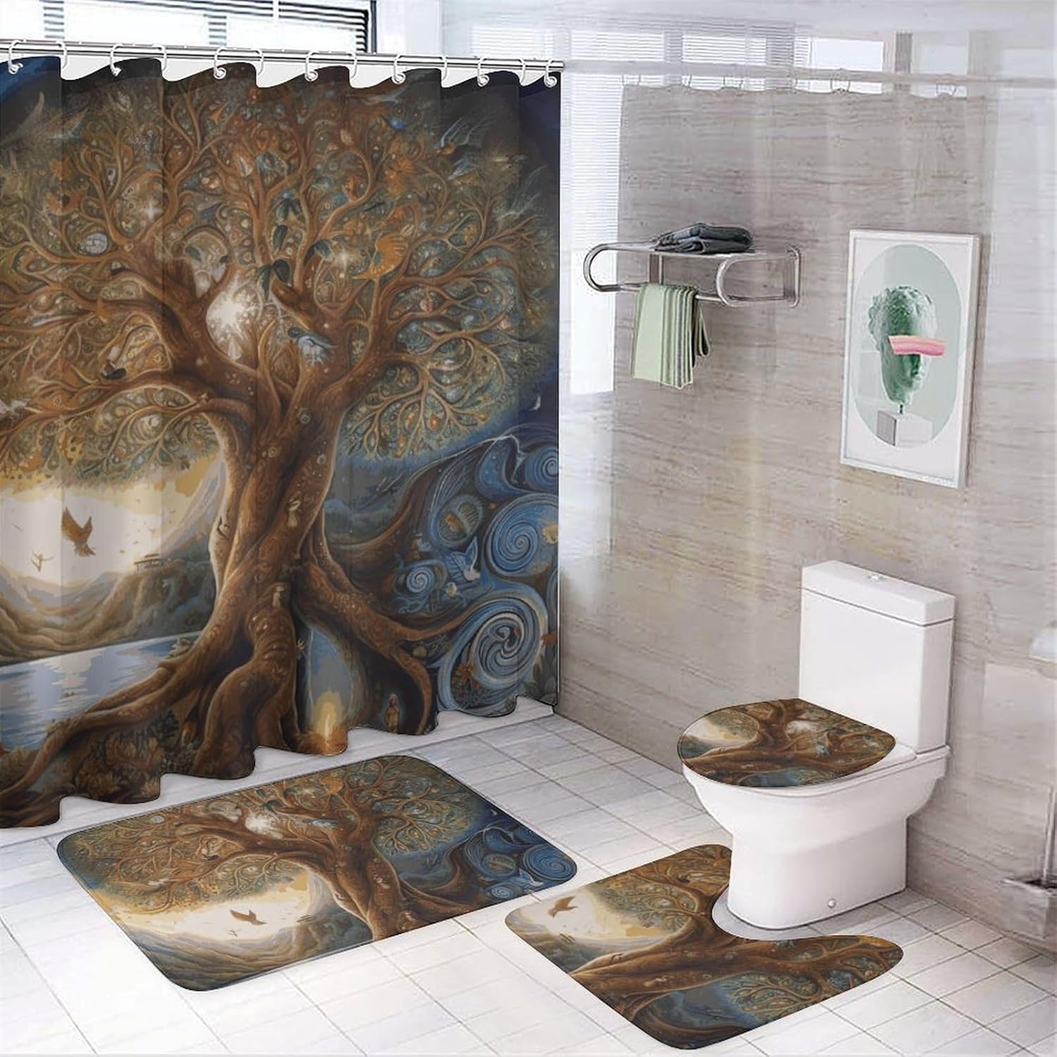 Tree of Life Shower Curtain Set 4 Piece, Non-Slip Bath Mat with Toilet Lid Cover and Waterproof Shower Curtain with 12 Hooks, Complete Bathroom Set for Home Decor