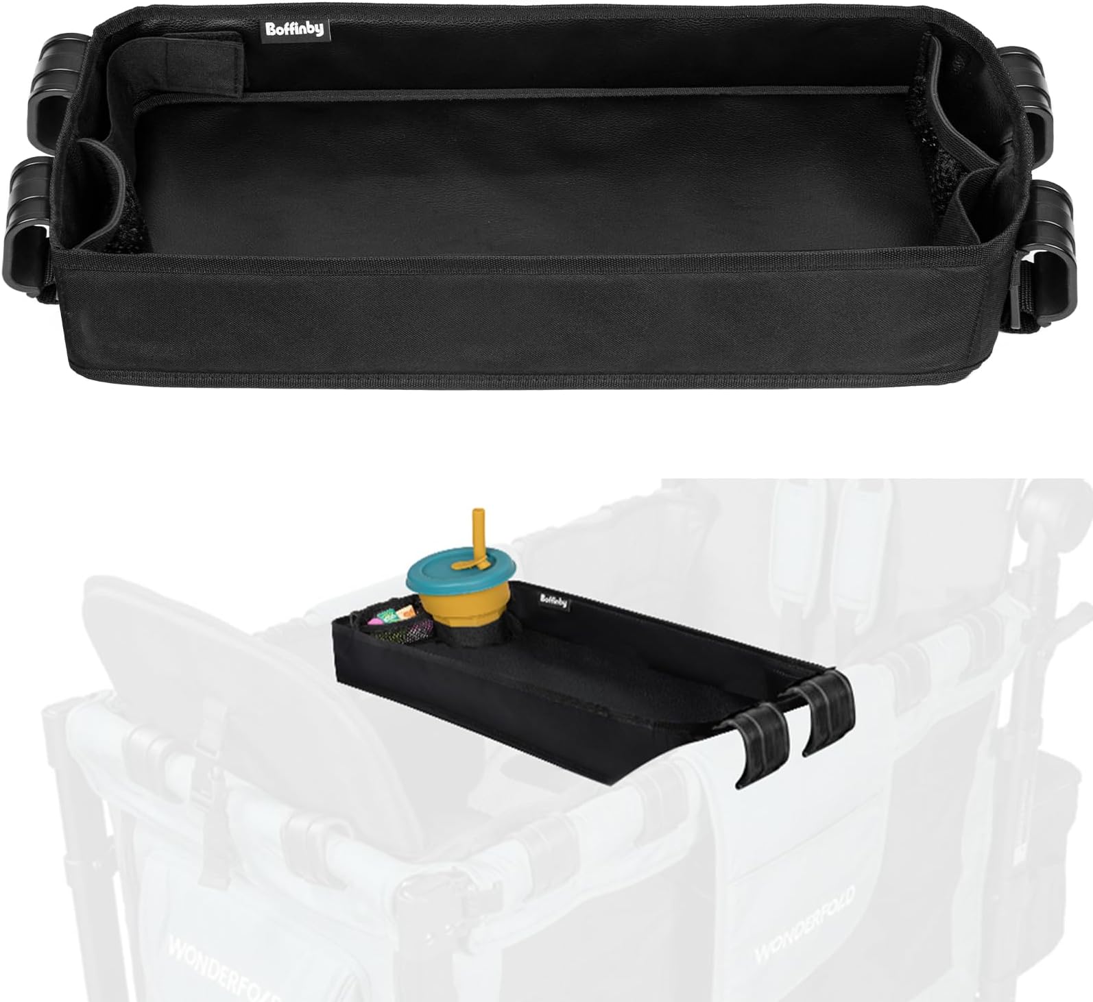 Boffinby Double Sided Stroller Tray for Wonderfold Wagon- Kids Snacks & Activities - Faux Leather Sides for Eating - Cup Holders & Mesh Pockets, Easy to Use and Clean, Play On the Go (W2 Series)
