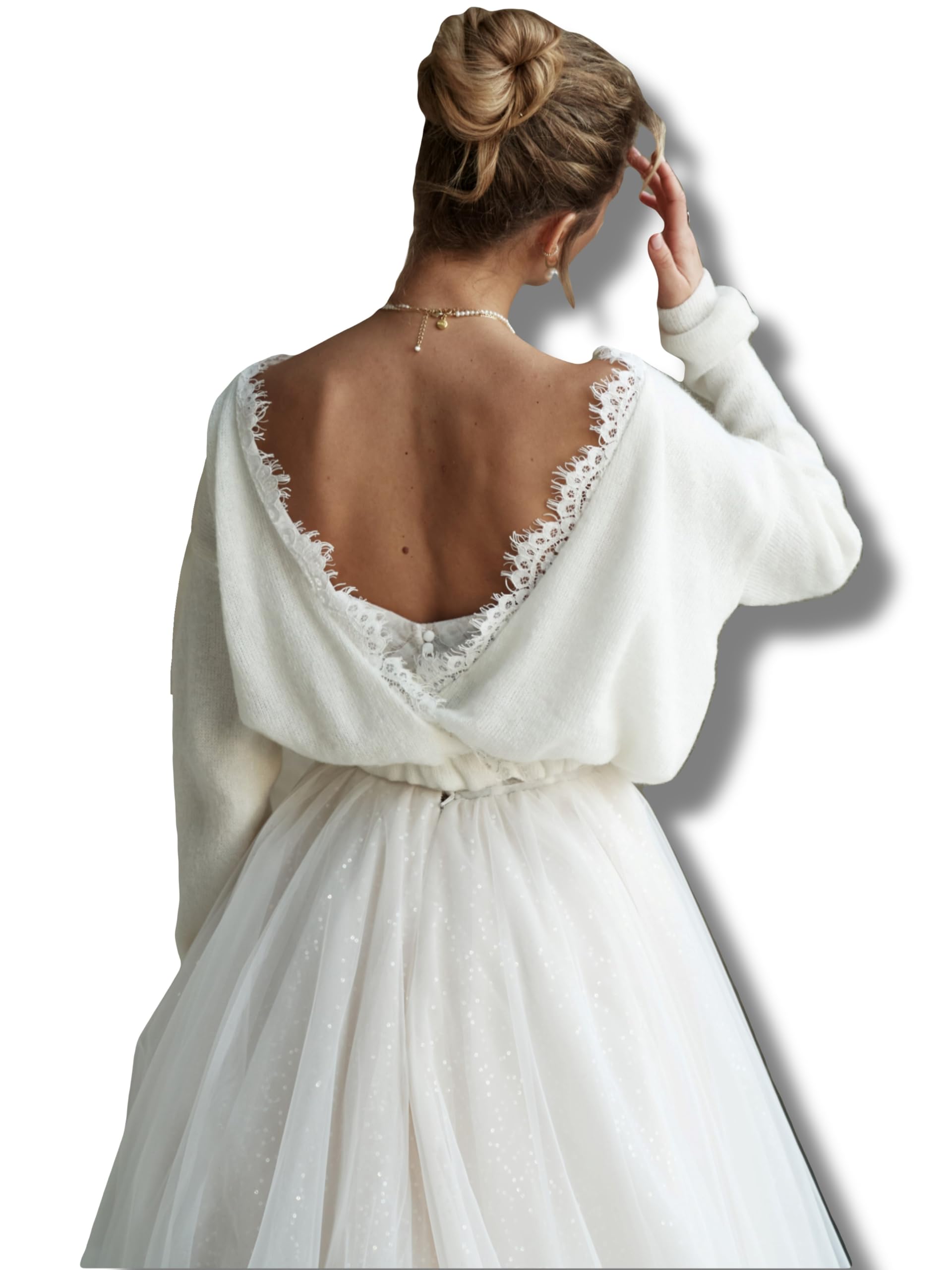 Bridal Sweater Ivory Cover Up Lace Knit Wedding Dress Wool Cardigan Elrgant Bolero Topper for Bride Long Sleeve