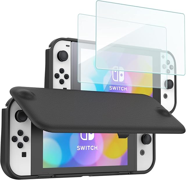 ProCase Składane etui ochronne + (2 sztuki) ochrona wyświetlacza do Nintendo Switch (model OLED), miękkie, cienkie etui z tworzywa TPU, odporne na uderzenia + 2 folie ochronne na wyświetlacz ze szkła