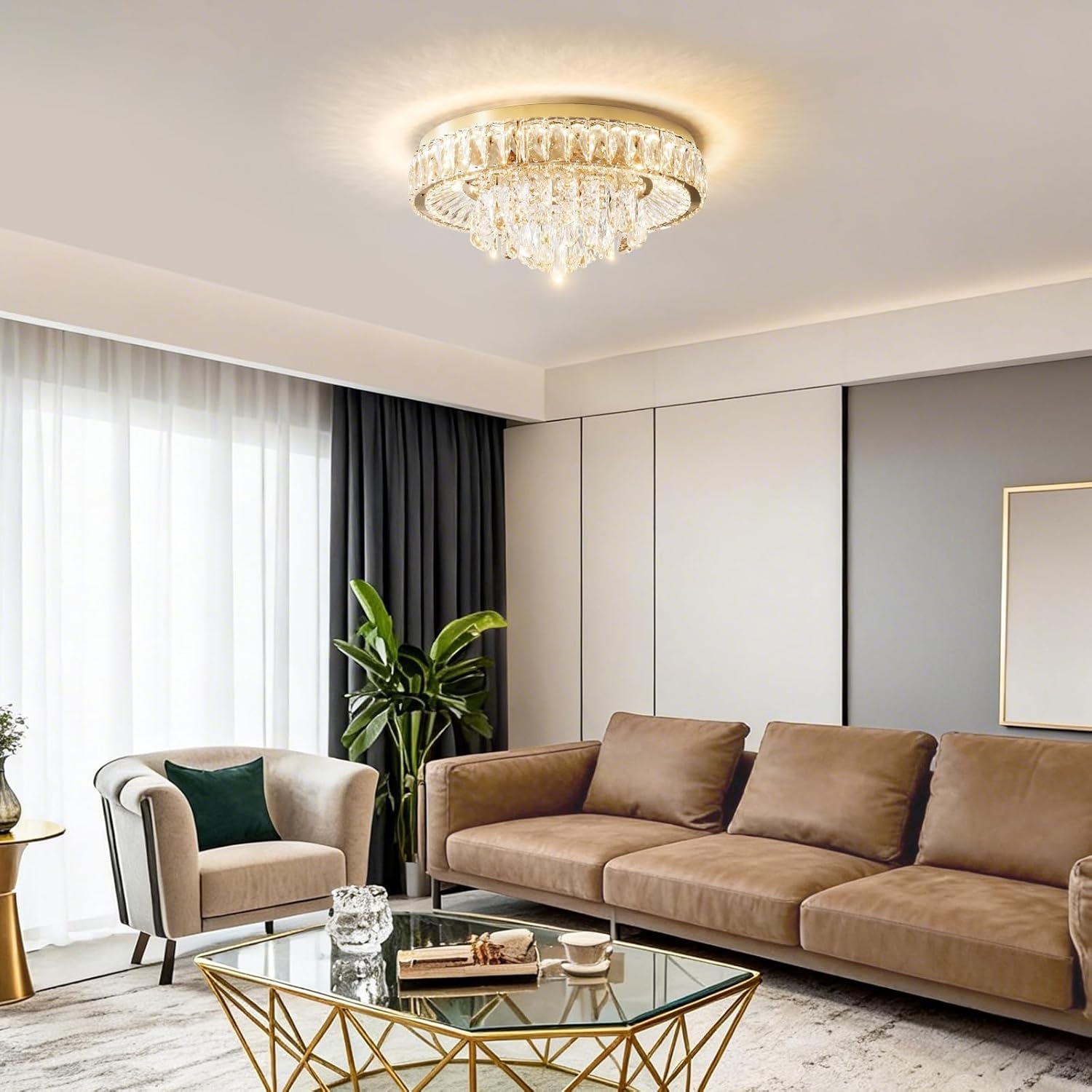 Modern LED Ceiling Crystal Chandelier: K9 Crystals Light With Remote For Dimmable - 20" Gold Crystal Chandeliers Flush Mount Ceilings Light Fixtures For Dining Room Bedroom Entryway Living Room