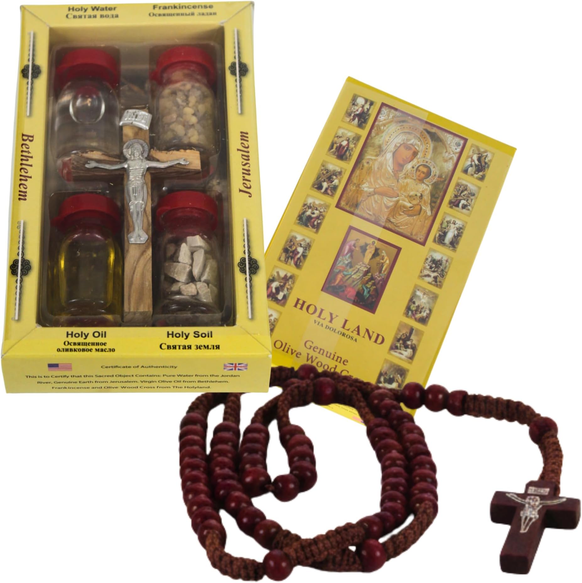 Holy Land Market Olive Wood Cross Set - 6 Piece with Anointing Oil, Jordan River Water, Bethlehem Earth, Frankincense, Rosary - Holy Land Incense