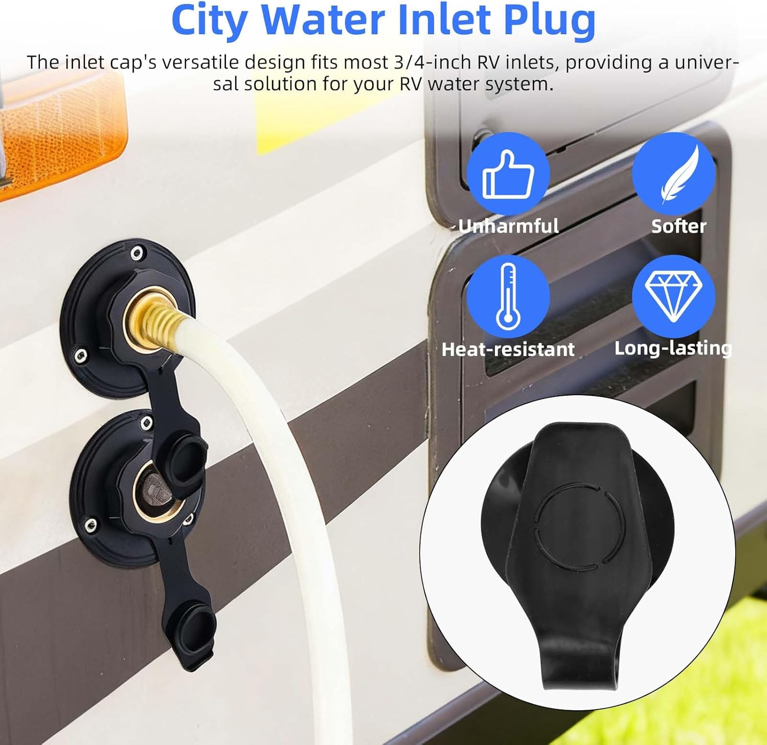 3pcs RV Water Inlet Plugs, 3/4" Black Rubber City Water Cap Replacement with Strap Freshwater Inlet Cover Compatible with Camper Trailer Marine Boat and RV Waters Systems