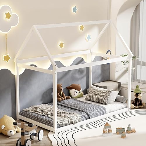 Miniatura 12 de Costzon Base de cama individual de madera, plataforma estable para niños, con techo y listones de alta resistencia, no necesita somier, bricolaje