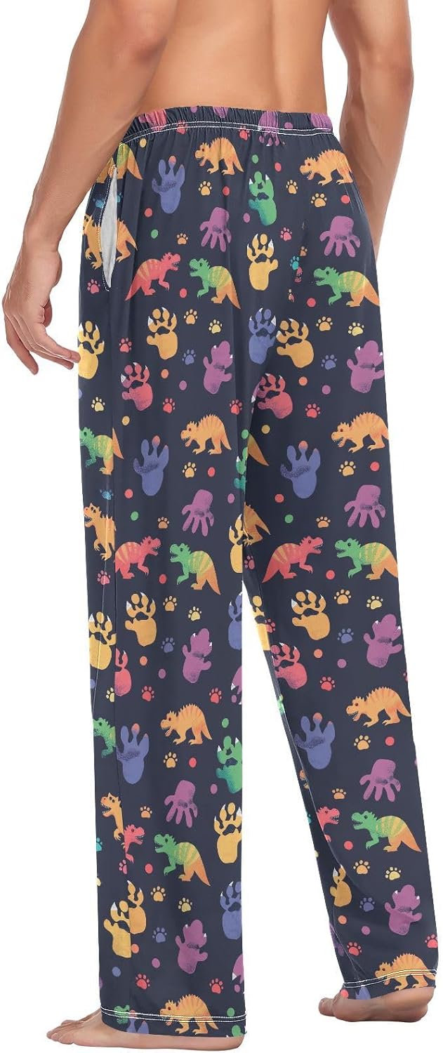 ALAZA Rainbow Dinosaur Dino Foot Print Men's Sleepwear Mens Pajama Pants Bottoms with Pockets, S