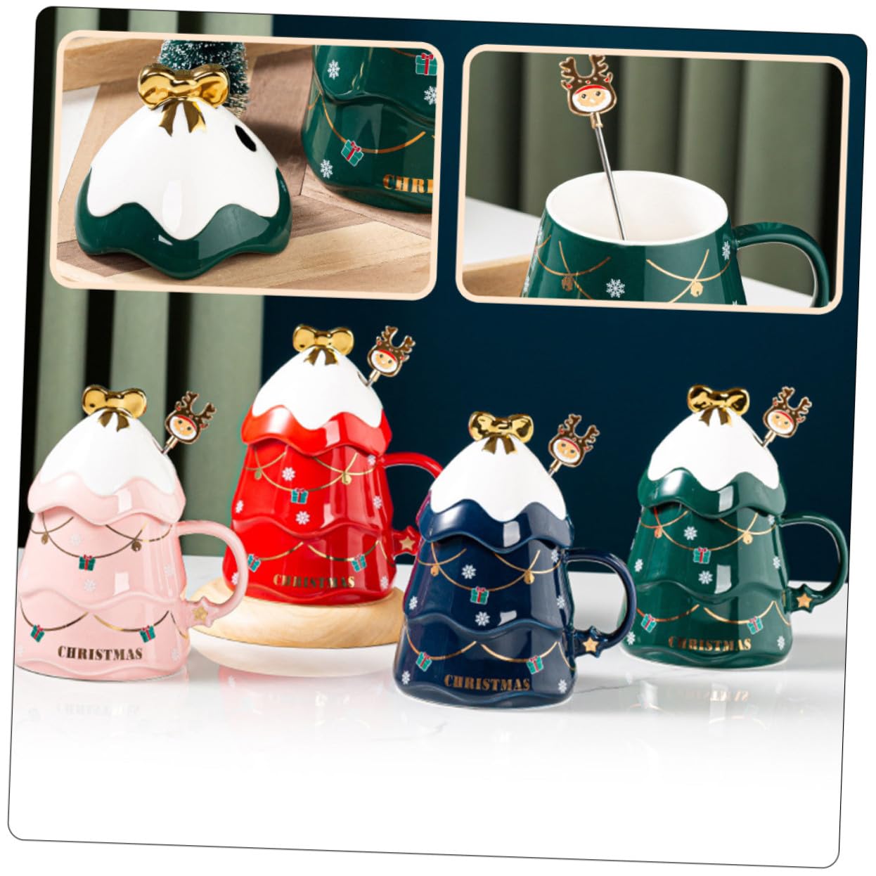 Taza de Cerámica Creativa Forma de Árbol de Navidad, Capacidad 500ml, Tapa y Cuchara para Café en Casa u Oficina
