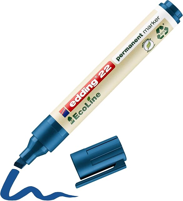 edding 22 Ecoline permanent marker - blue - 1 pen - chisel tip 1-5 mm - waterproof, quick-drying, smear-proof pens - for cardboard, plastic, glass, wood, metal and fabric - refillable