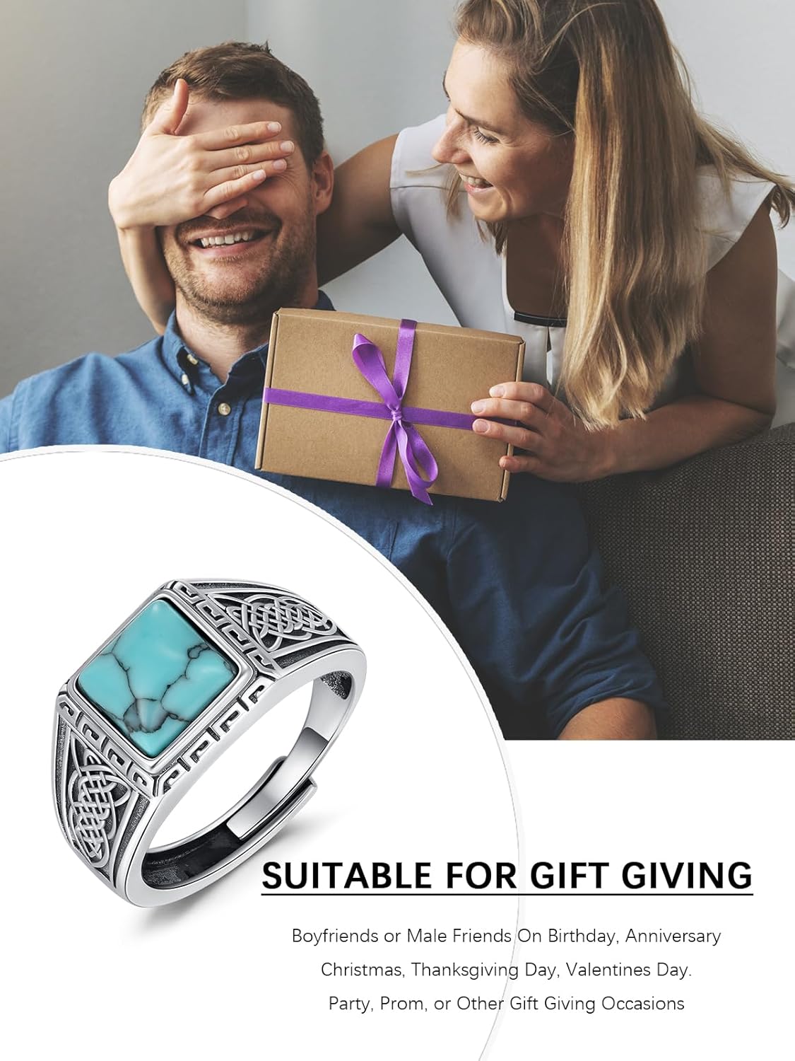 Genuine Turquoise Rings for Men 925 Sterling Silver Adjustable Celtic/Viking Ring Western Jewelry Native American Gifts Birthday - Image 7