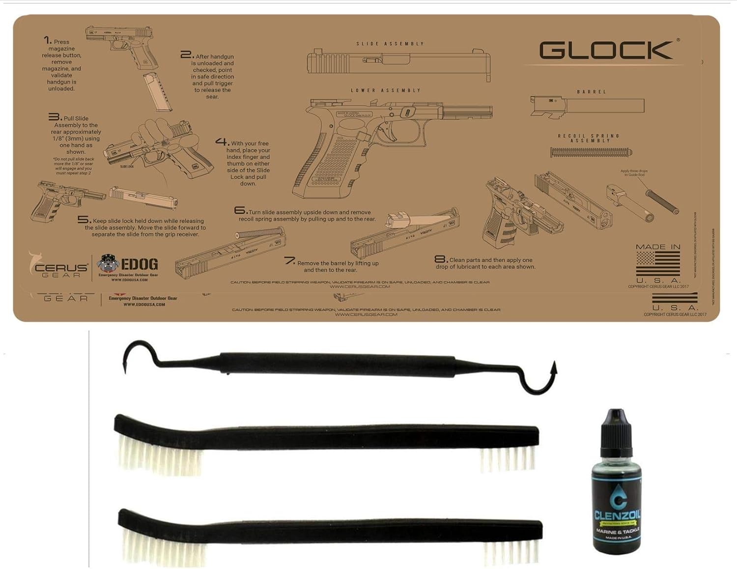 EDOG Glocki Tan Flat Dark Earth 5PC Cerus Gear Instructional Step by Step Heavy Duty Cleaning 12"x27" Padded Gun- Work Surface Protector Mat Solvent & Oil Resistant