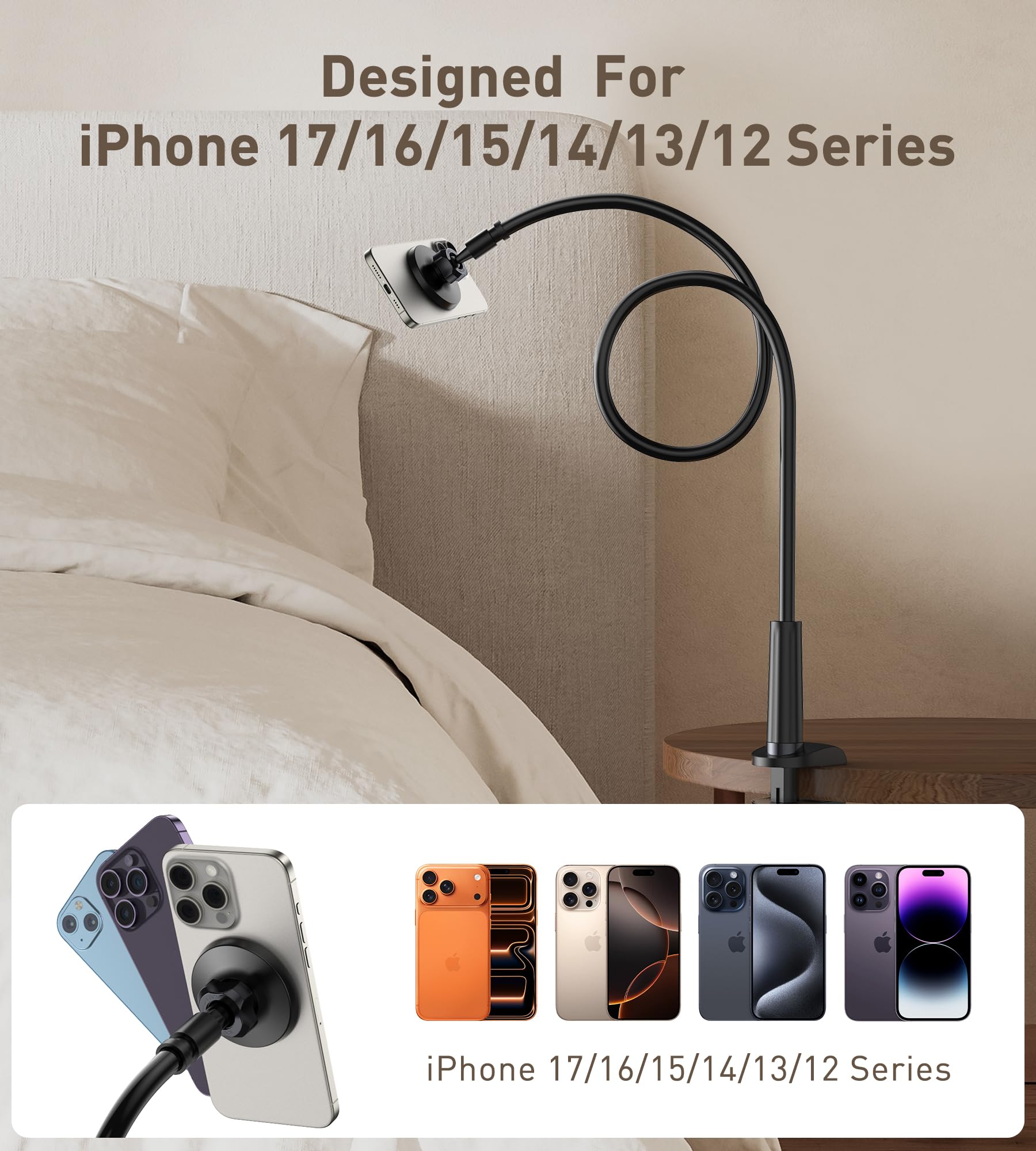 Support Téléphone Lit Réglable Pivotant 360° Col de Cygne Mag-Safe avec Anneaux Métal pour iPhone 17 16 15 14 13 12 Pro Max Plus
