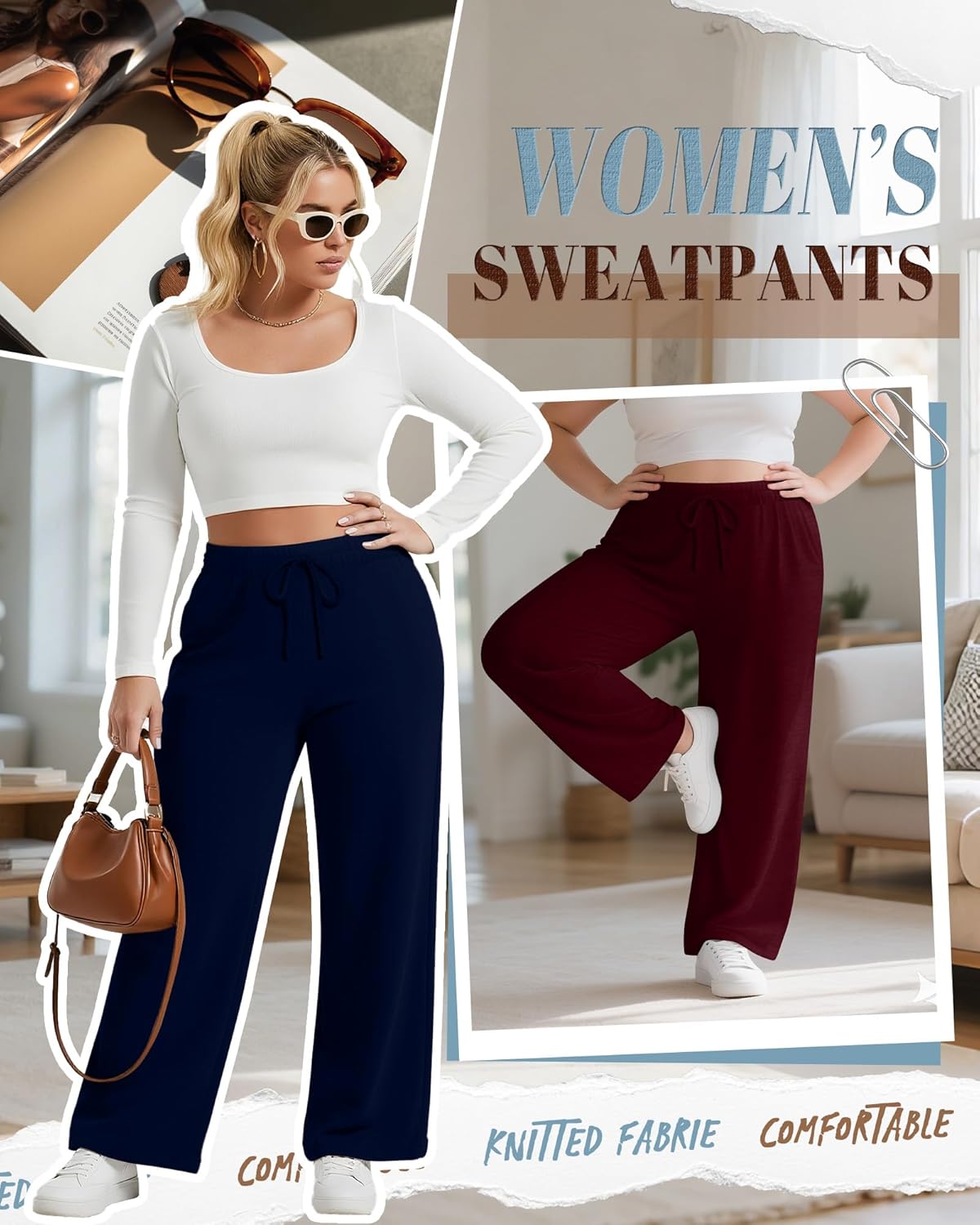 Neer 3 Pack Women's Plus Size Wide Leg Pants, Elastic Waist Lounge Pants with Pockets Drawstring Casual Pj Yoga Sweatpants - Image 3