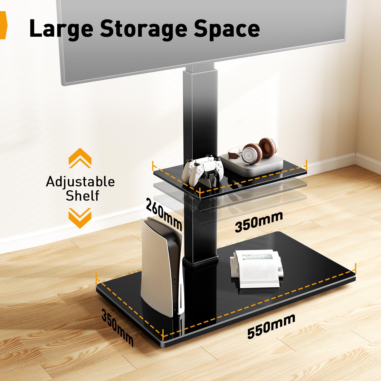 PERLEGEAR Soporte de TV de Suelo para Televisores de 30-70 Pulgadas de hasta 50 Kg con Inclinación, 4 Alturas de Pilar, Soporte de TV con Estante y aBse de Vidrio Templado, VESA Máximo 600x400mm