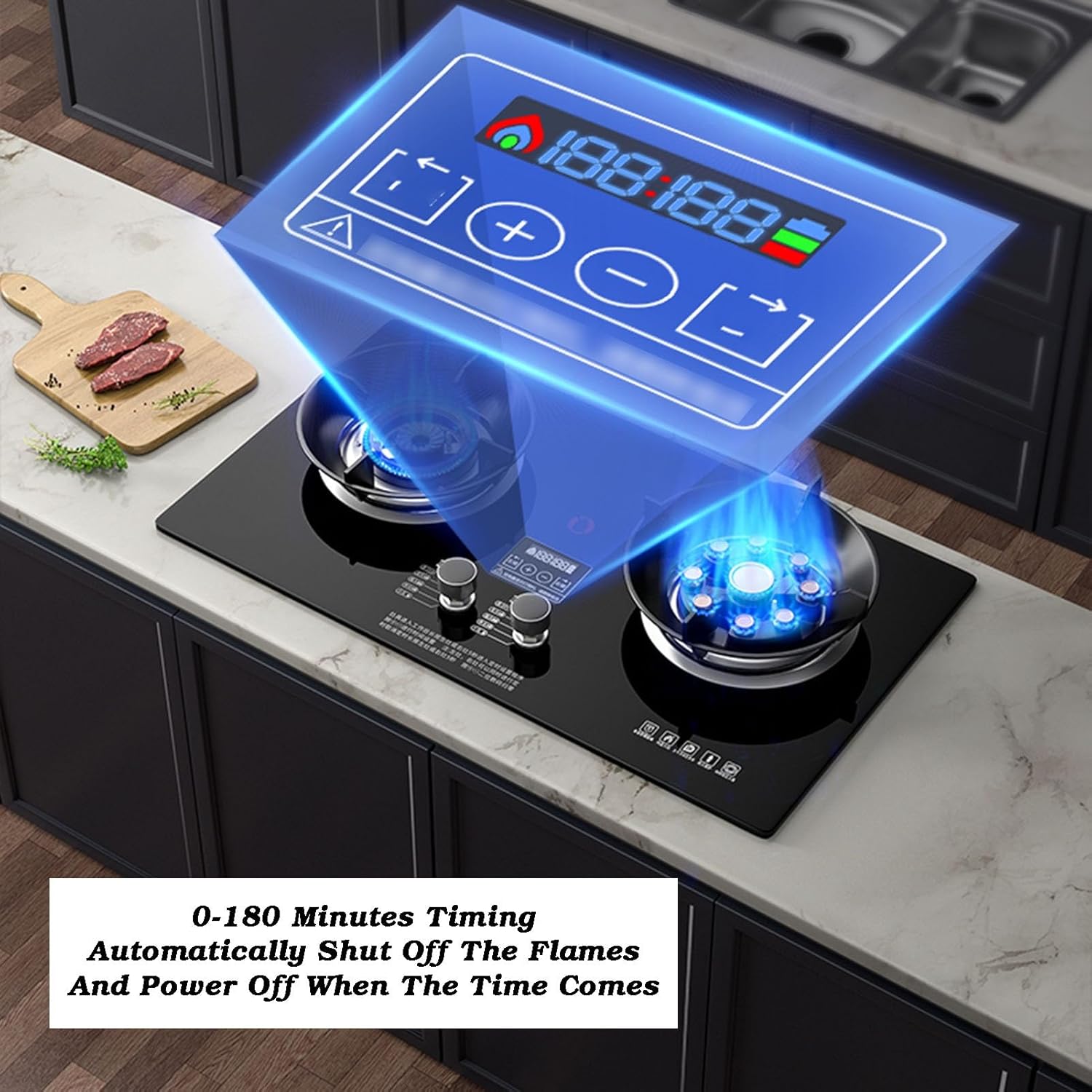 Gas Stove with 2 Burners,5.2kw 9-cavity High Fire Timer,Tempered Glass Countertop,Flameout Protection,NG/LPG Source Kit,for Kitchen(NG)