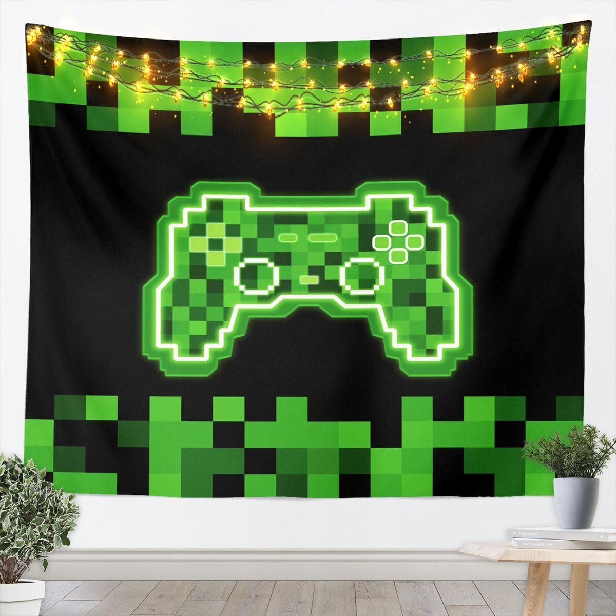 Castle Fairy Neon Green Games Tapestry,Video Gamepad Boy Wall Hanging Art Geometric Checkered Wall Blankets Cool Modern Poster Tapestries for Kids Teens Girls Boys Bedroom Decor,70.9x92.5