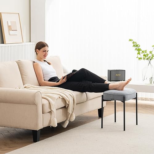 YOUNIKE Cómodo taburete otomano de terciopelo Boucle bohemio pequeño taburete capitonado tapizado para maquillaje con patas de metal, bonito banco