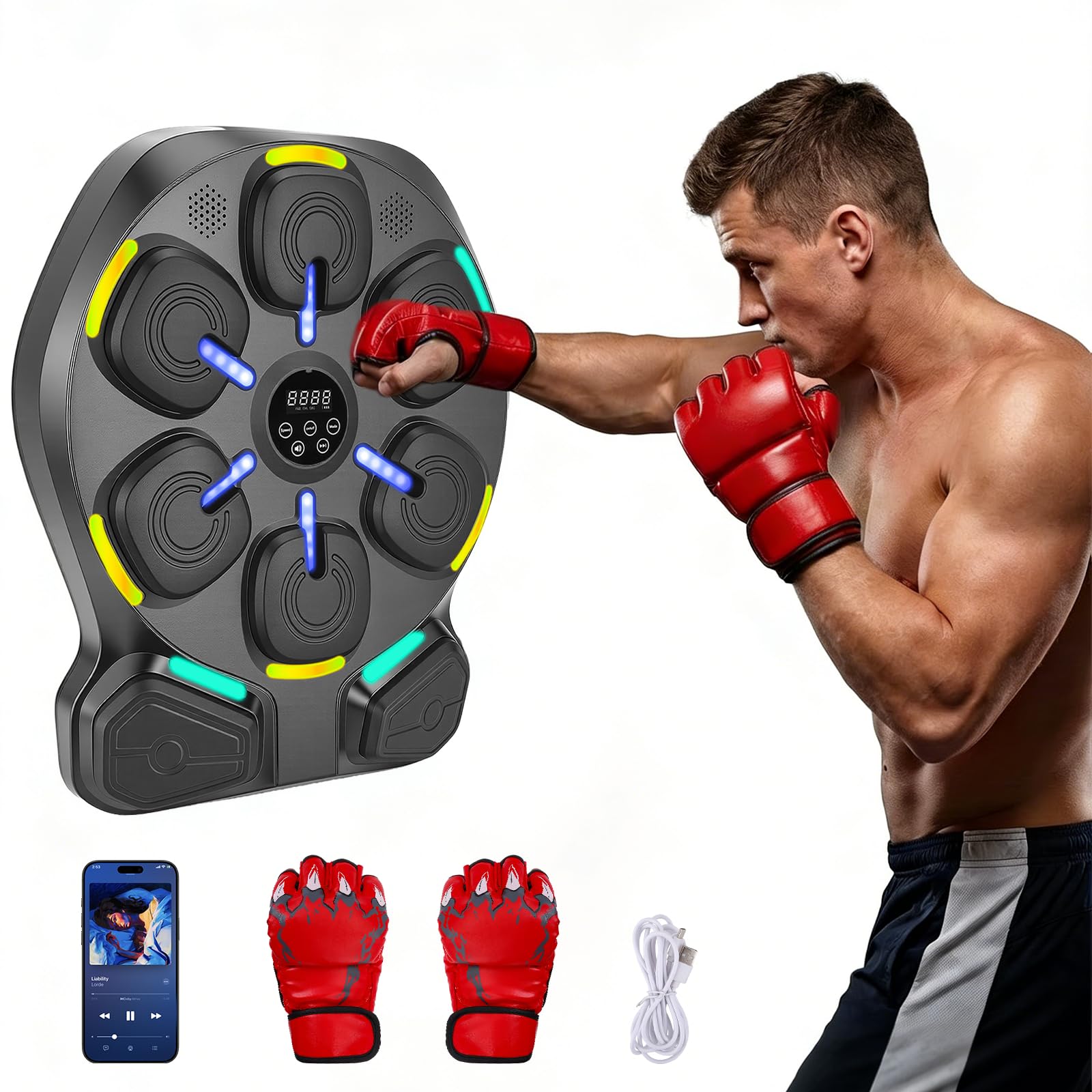 Music Boxing Machine mit LED-Lichtern,Integrierte Musik+Bluetooth,9 Modi & 9 Geschwindigkeiten mit Kalorien & Geschwindigkeitsanzeige,Höhenverstellbar für Kinder & Erwachsene,inkl.2 Paar Boxhandschuhe