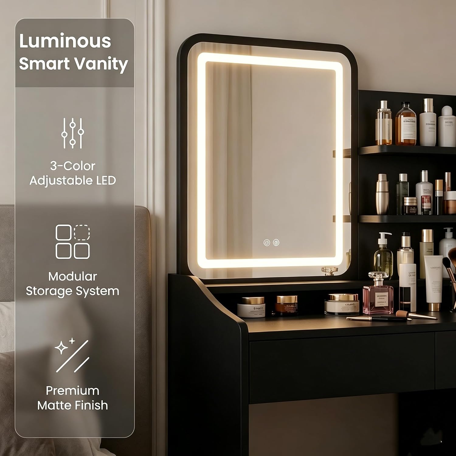 Makeup Vanity Desk with LED Mirror & Movable Storage Cabinet, 3-Tier Open Shelves, 5 Drawers, Adjustable 3-Color Lighting for Bedroom