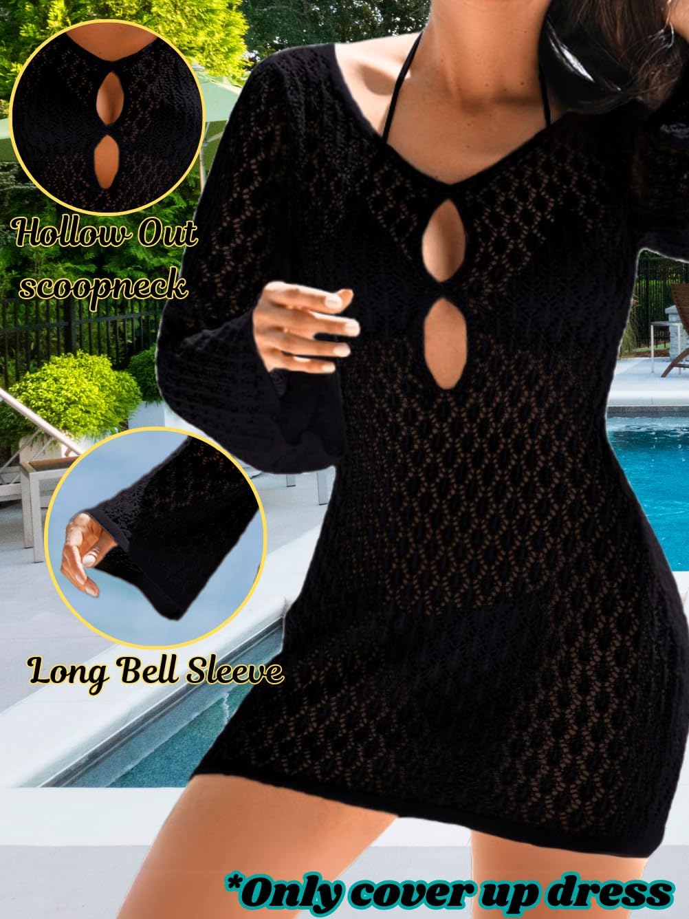 Women's Summer Crochet Swimsuit Cover-up, Boho Long Bell Sleeve Mini Dress, for Beach Vacation - Image 2